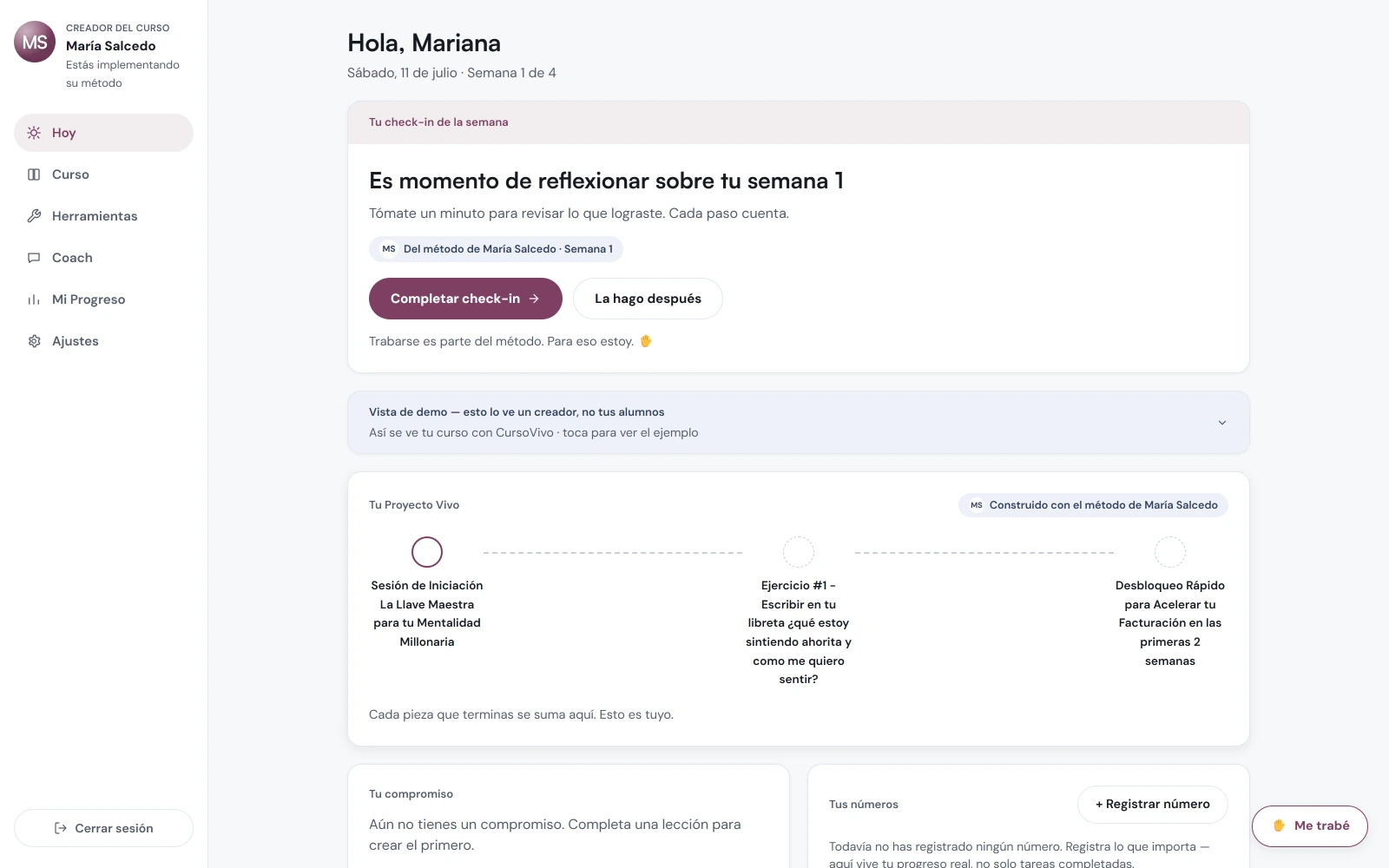 Panel principal de CursoVivo con una misión semanal y el avance del Proyecto Vivo